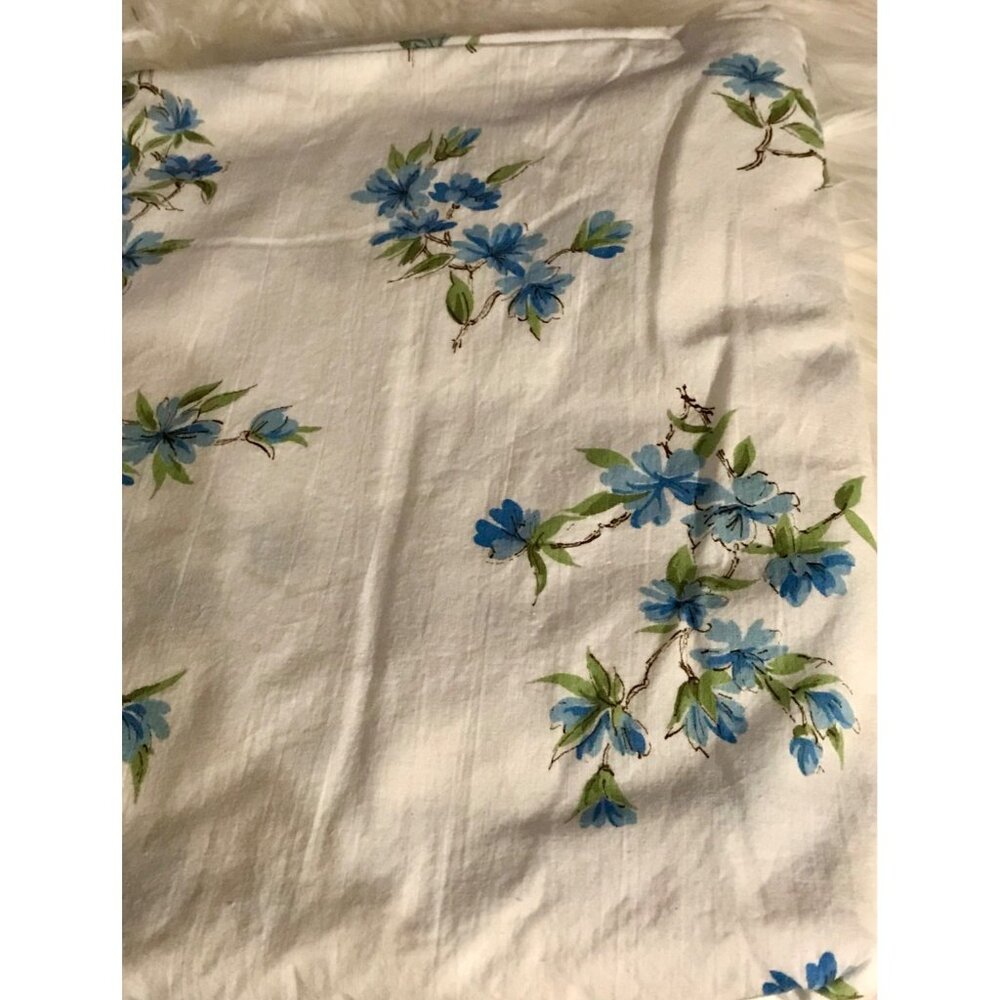 Vintage Blue Floral Cotton Flat Sheet Full/Queen Size Lightweight Muslin Fabric